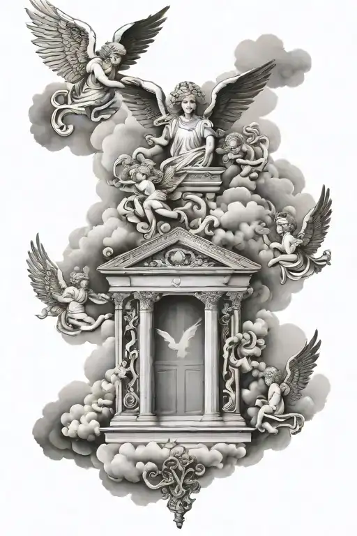 clouds with 4 angels flying into heaven gates tattoo design idea