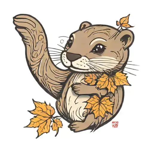 Otter holding a maple leaf tattoo design idea