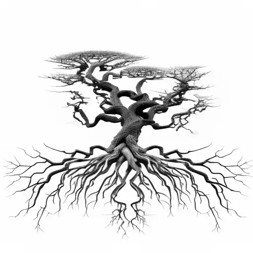 A majestic tree with roots reaching towards the heavens, symbolizing the connection between nature and the divine tattoo design idea