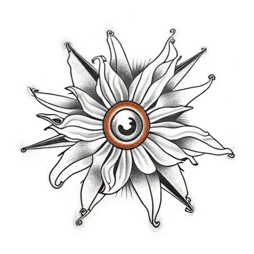 A traditional black eyed susan flower surrounded by a compass and ruler tattoo design idea