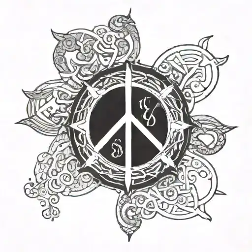 Incorporate ancient symbols representing peace and harmony intertwined with the Serenity prayer text tattoo design idea