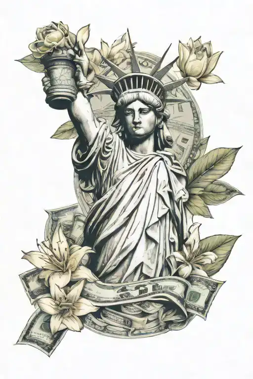 statue of liberty, lily flowers, money tattoo design idea