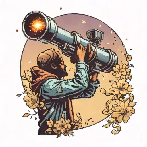 A stargazing scene with a silhouette of a person holding a telescope, surrounded by blooming flowers tattoo design idea