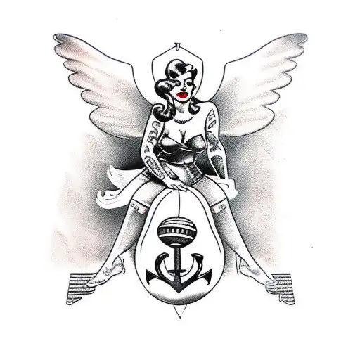pin-up girl sitting on the Eagle,Globe and Anchor  tattoo design idea