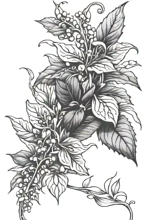 holly flower, lily of the valley flower, leafs growing tattoo design idea