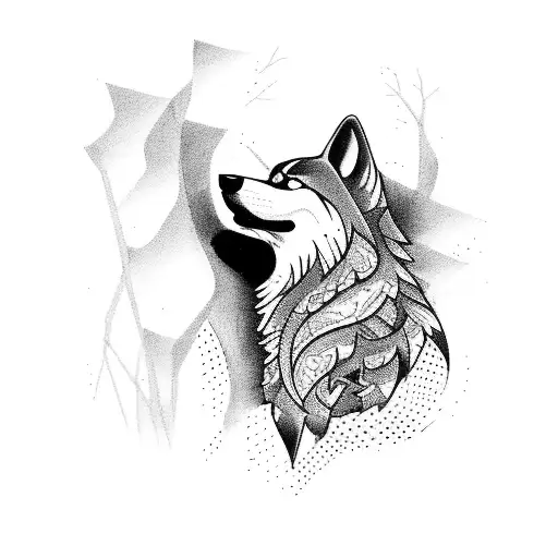 A wolf playing a saxophone in the woods tattoo design idea