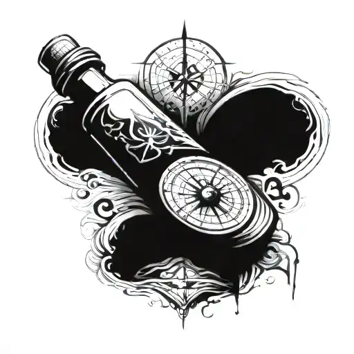 compass with hourglass bottle (flowing sand) inside representing tattoo design idea