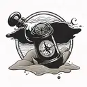 compass with hourglass bottle (flowing sand) inside representing tattoo design idea