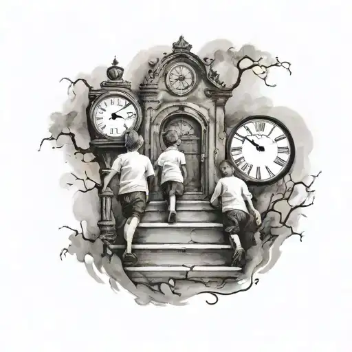 three children walking upstairs with clock tattoo design idea
