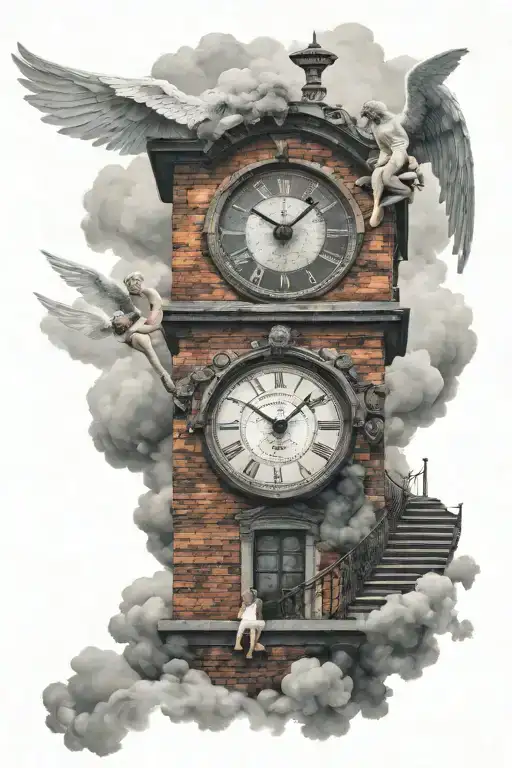 angel on clouds at top, brick staircase, clock, devil at the bottom tattoo design idea