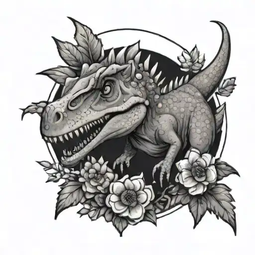 Dinosaur cute circle flowers tattoo design idea