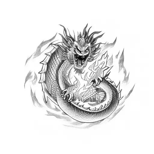 chinesse dragon creating ball with fire tattoo design idea