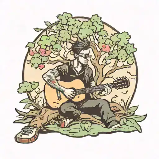 guy playing guitar under tree  tattoo design idea