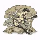 guy playing guitar under tree  tattoo design idea