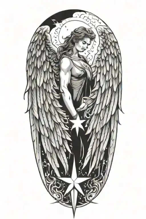 memorial angel wings wrapped loosely infront with northern star tattoo design idea