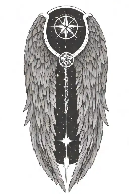 angel wings wrapped around northern star passing change hardship tattoo design idea