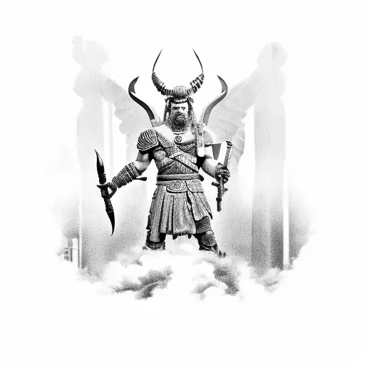 A construction-themed representation of the Greek god of war in a black-grey style tattoo design idea