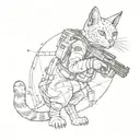 space cat with gun with flowy cyber sigilism tattoo design idea