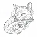space cat with gun with flowy cyber sigilism tattoo design idea