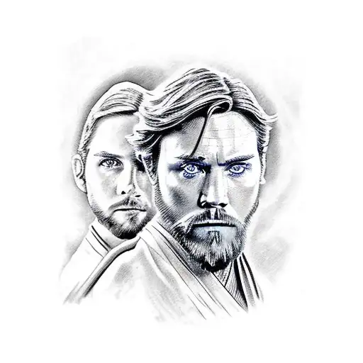 An artistic fusion of Obi-Wan Kenobi and Anakin Skywalker's faces symbolizing their complex relationship tattoo design idea