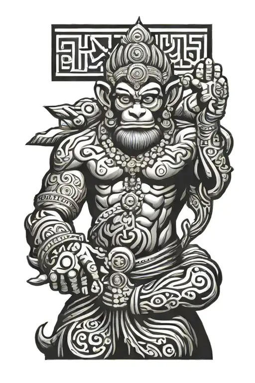 arm totem tattoo of hanuman monkey king with hand holding a mantra word 'ह्रीः' tattoo design idea
