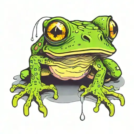 a frog at 3/4 on acid with spiral pupils, hiding from rain under a trippy mushrooms with eyes on it tattoo design idea