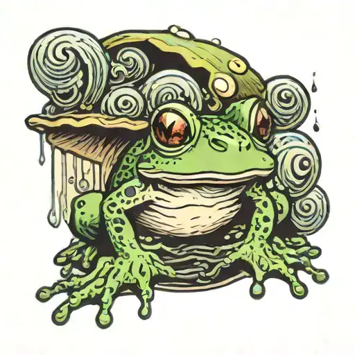  a frog (at 3/4) on acid with spiral pupils, hiding from the rain under a trippy mushroom with eyes on it tattoo design idea