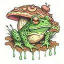a frog at 3/4 on acid with spiral pupils, hiding from rain under a trippy mushrooms with eyes on it tattoo design idea