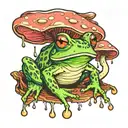 a frog at 3/4 on acid with spiral pupils, hiding from rain under a trippy mushrooms with eyes on it tattoo design idea