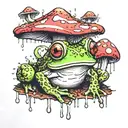 a frog at 3/4 on acid with spiral pupils, hiding from rain under a trippy mushrooms with eyes on it tattoo design idea