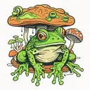 a frog at 3/4 on acid with spiral pupils, hiding from rain under a trippy mushrooms with eyes on it tattoo design idea