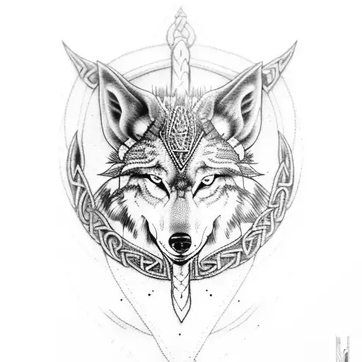 Detailed dotwork tattoo of a Viking longship with a wolf figurehead tattoo design idea
