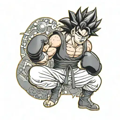 A dragon ball z character in a fighting stance with UFC gloves on, surrounded by a ring of boxing gloves tattoo design idea