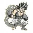 A dragon ball z character in a fighting stance with UFC gloves on, surrounded by a ring of boxing gloves tattoo design idea
