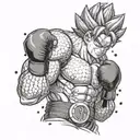 A dragon ball z character in a fighting stance with UFC gloves on, surrounded by a ring of boxing gloves tattoo design idea