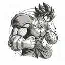 A dragon ball z character in a fighting stance with UFC gloves on, surrounded by a ring of boxing gloves tattoo design idea