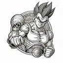 A dragon ball z character in a fighting stance with UFC gloves on, surrounded by a ring of boxing gloves tattoo design idea