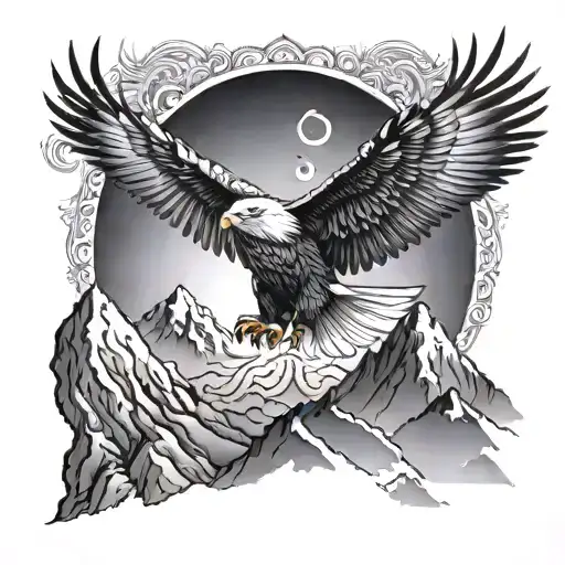An eagle soaring above a mountain range, with a mandala design on its wings symbolizing meditation tattoo design idea