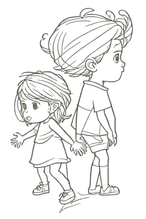 A funny unisex minimalist tattoo design of a silhouette brother and sister being kids. tattoo design idea