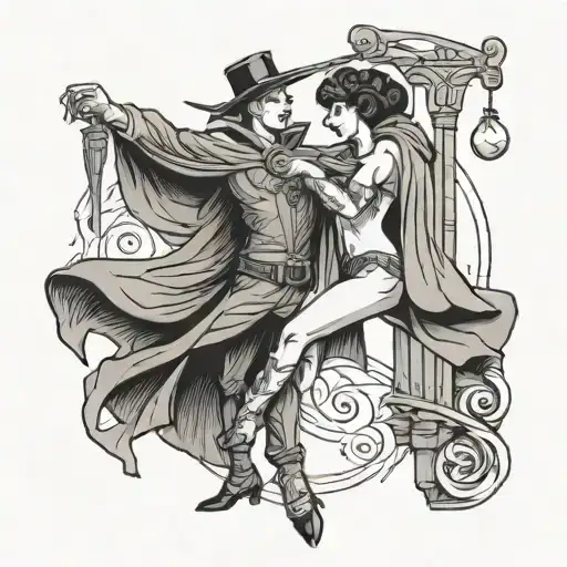 couple pole dancing in capes tattoo design idea