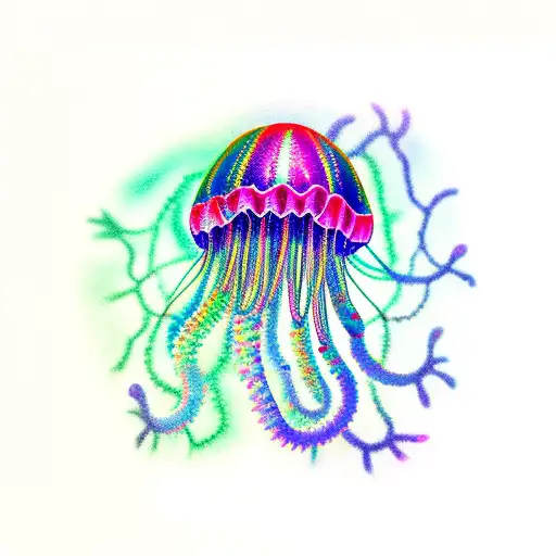 straight jelly fish with green, purple, blue and pink color tattoo design idea