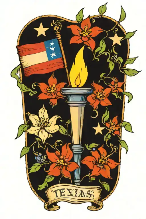 draw me a torch with a Texas flag and bluebonnet  flower intertwined tattoo design idea