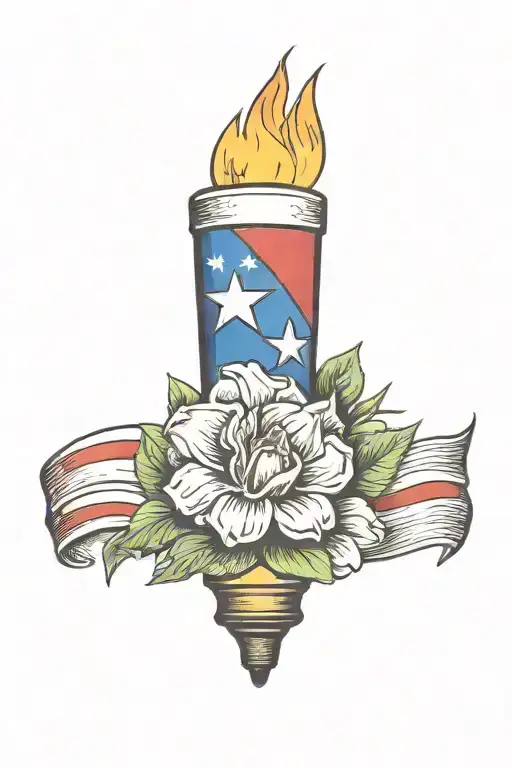 draw me a torch with a Texas flag and bluebonnet  flower intertwined tattoo design idea