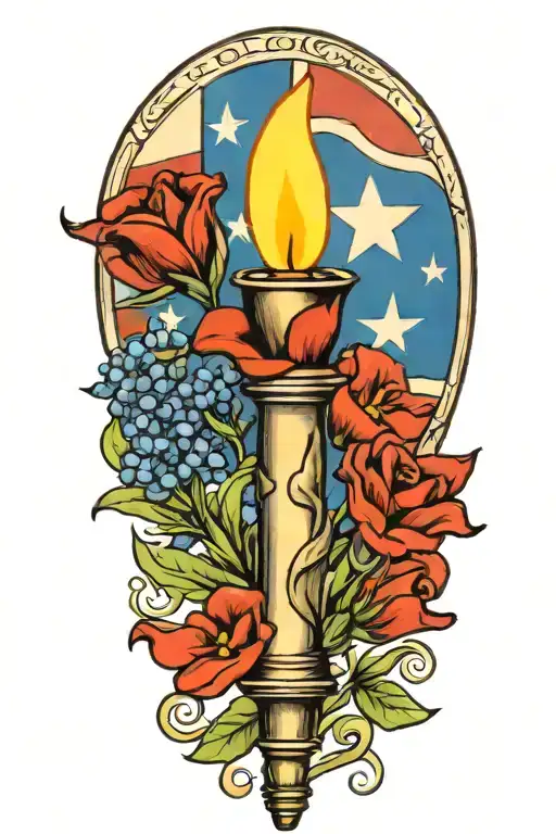 draw me a torch with a Texas flag and bluebonnet intertwined tattoo design idea