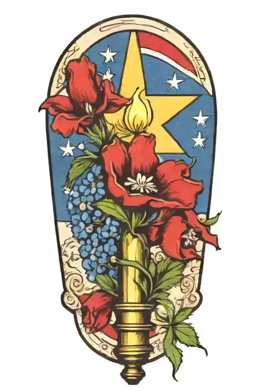 draw me a torch with a Texas flag and bluebonnet intertwined tattoo design idea