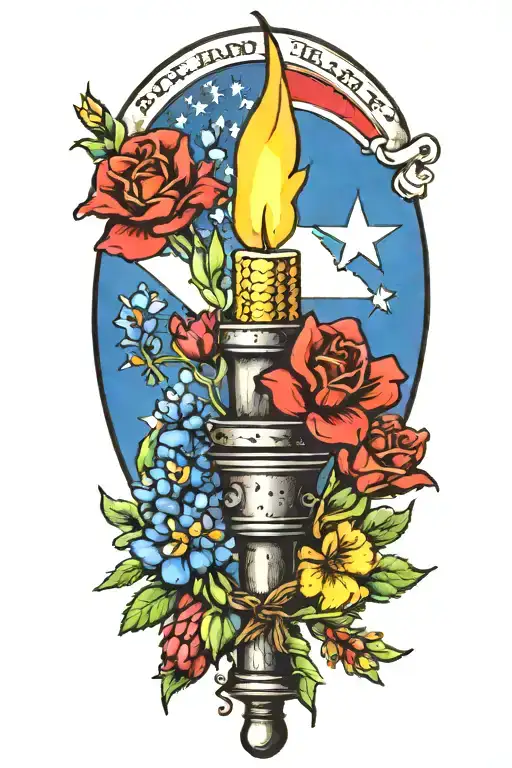 draw me a torch with a Texas flag and bluebonnet  flower intertwined tattoo design idea