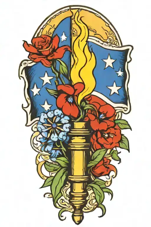 draw me a torch with a Texas flag and bluebonnet  flower intertwined tattoo design idea