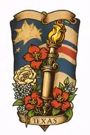 draw me a torch with a Texas flag and bluebonnet  flower intertwined tattoo design idea