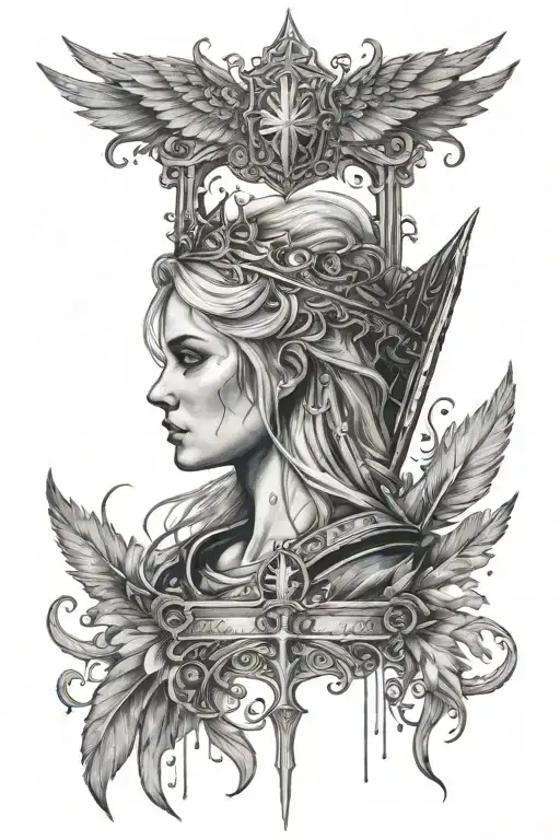 A throne of glass, forged in shadows and light, adorned with feathers of valor and tears of sacrifice. tattoo design idea