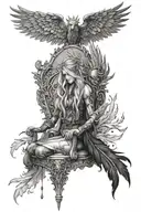 A throne of glass, forged in shadows and light, adorned with feathers of valor and tears of sacrifice. tattoo design idea